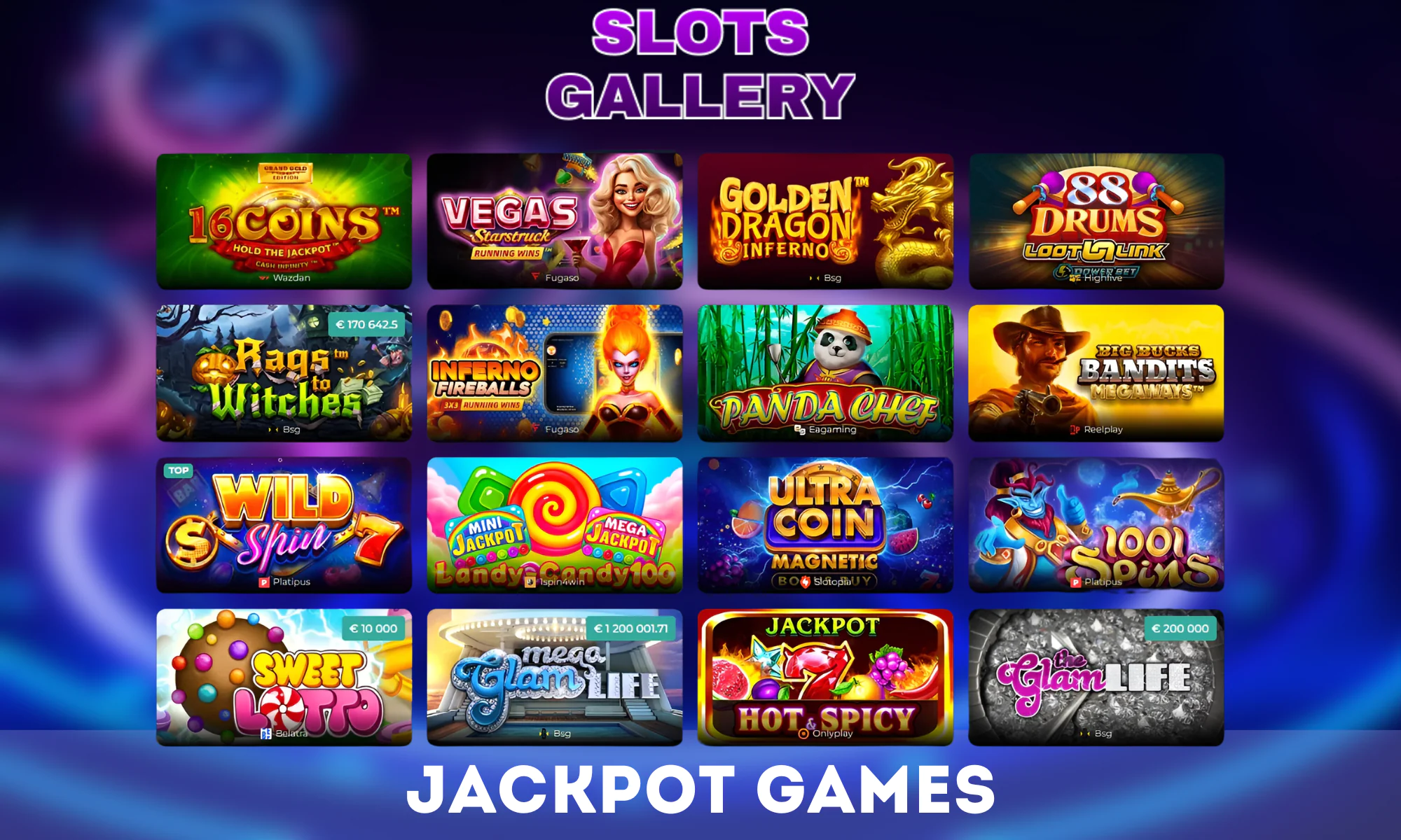 Available Jackpot Games on the official website