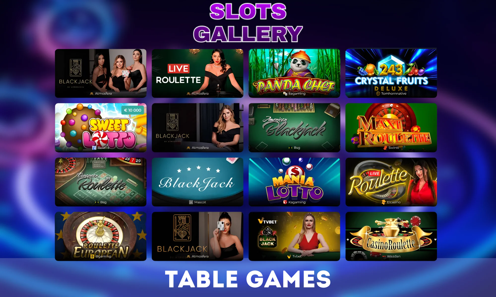 Available Table Games on the official website